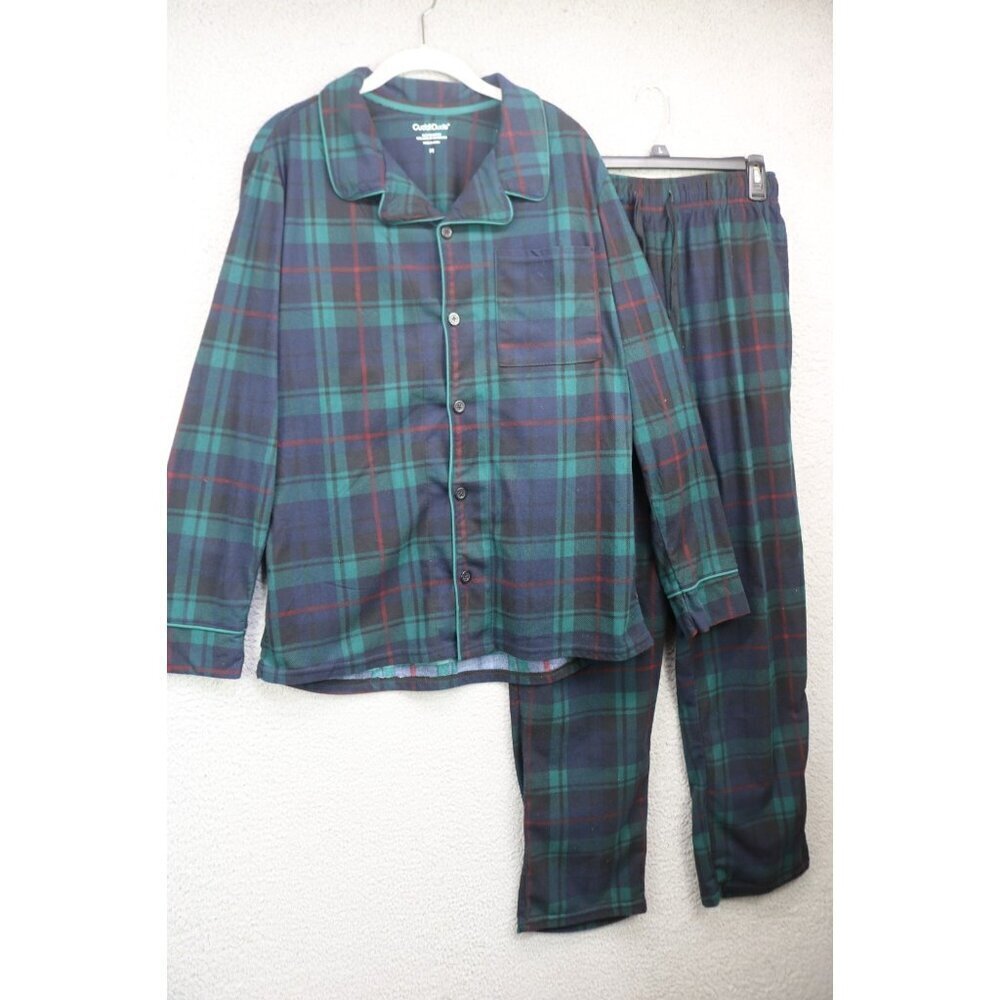 Cuddl Duds Navy/Green Plaid Pajama Set-Size Medium-Drawstring-Pockets-Classic
